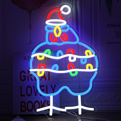 Image of GNVETZLL Chicken Christmas Neon Sign Santa Hat Neon Light Sign Merry Christmas Rooster Neon Light for New Year Party Living Room Club Decoration(16.54 * 10.43In)
