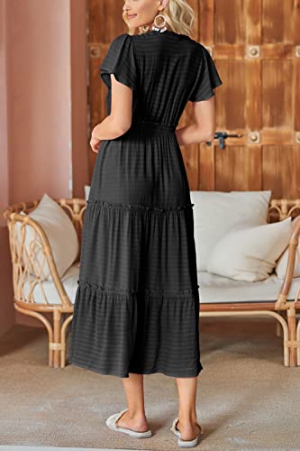 Image of VOTEPRETTY Women's 2026 Summer Boho Maxi Dresses Flutter Short Sleeve V Neck Casual Beach Wedding Guest Vacation Long Dress