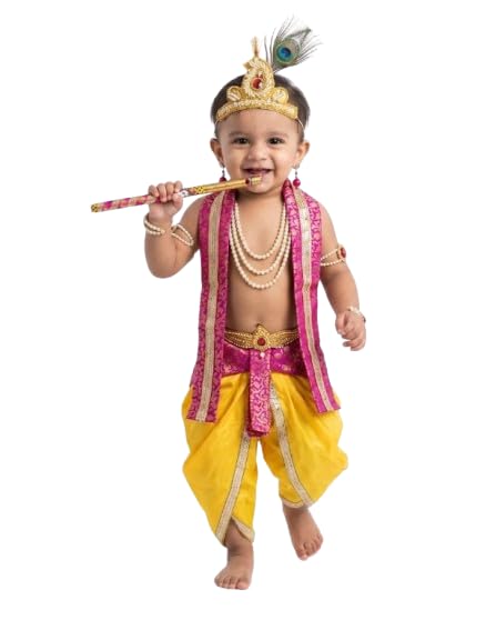 Image of Krishna Dress for Baby Boy Kids Janmashtami Costume | Dhoti & Patka Included, Mukut & Morpankh, Bansuri & Kamarband, Bajuband & Kundal, 8-Piece Set