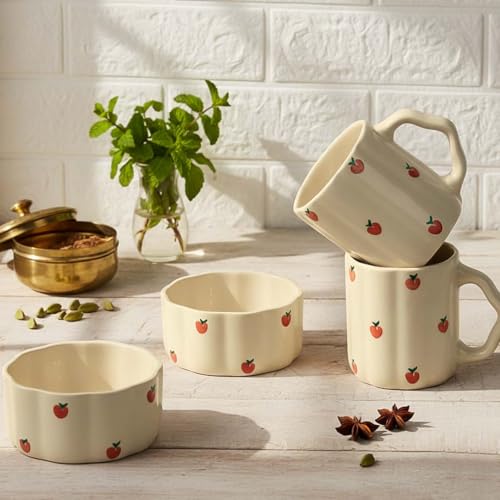 Image of The Earth Store Cream Apple 250ML Ceramic Bowl Set of 2 & 300ML Coffee Mug Set of 2 | Microwave & Dishwasher Safe Mug and Bowl Combo Set for Serving Tea Snack | Perfect for Gifting & Daily Use