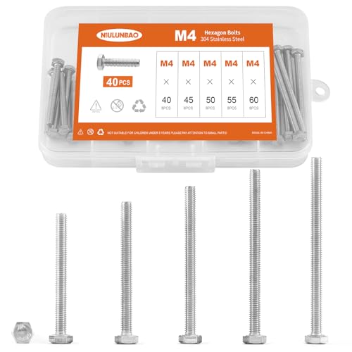 Image of M4 x 40mm 45mm 50mm 55mm 60mm Heavy Duty Hexagon Bolts Hex Head Screws, 304 Stainless Steel, Metric Machine Fully Threaded, Bright Finish, Assortment Kit 40PCS