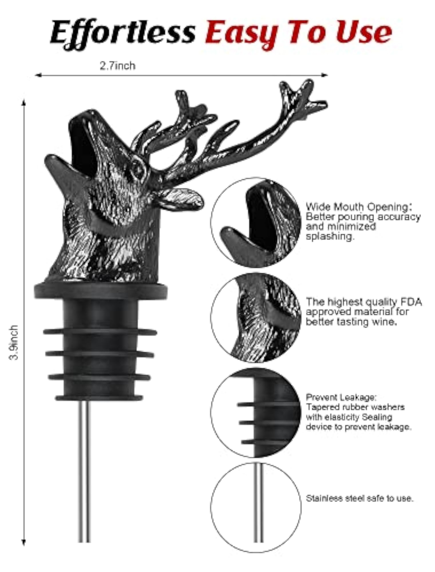 Deer Stag Head Wine Aerator Pourer Spout, Dark Grey Plated