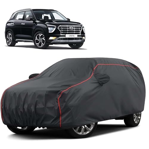Image of Sulfar 100% Water Resistant Car Body Cover Compatible with Mirror for Hyundai Creta (Triple Stitched, Full Bottom Elastic, Dark Grey Taffeta with Red Piping)