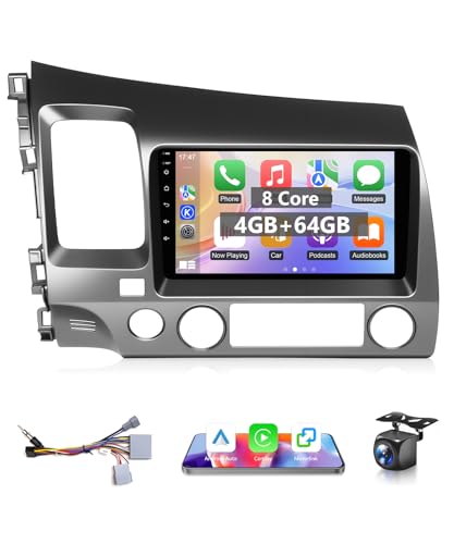 VQU 8 Core Car Radio for Honda Civic 2006 to 2011 with CarPlay & Android Auto - 9 Inch IPS Touch Screen Android 13,GPS,WiFi,Bluetooth,FM DSP,Backup Camera,RDS,Voice Control - Support Airbag(4+64G)