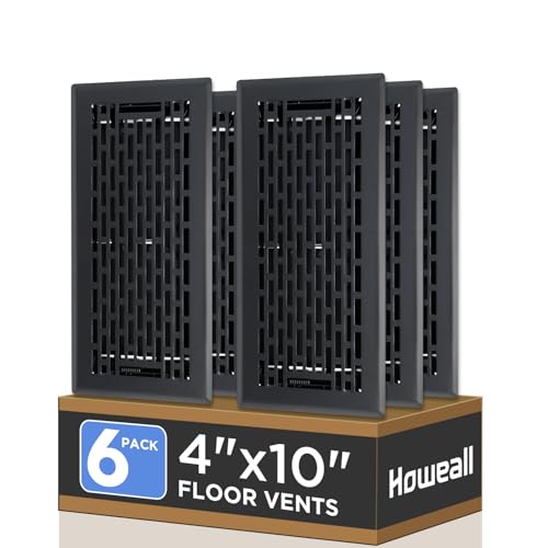 Howeall 4x10 Inches 6 Pack Heavy Duty Walkable Floor Register - Easy Adjust Air Supply Lever Decorative Floor Vent Covers, Boston Design Vent Covers for Home - Matte Black