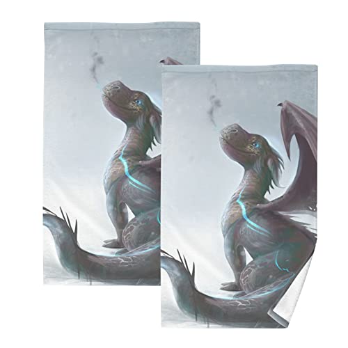 ALAZA Cute Dragon on The Snow Hand Towels for Bathroom 1OO% Cotton 2 pcs Face Towel 16 x 28 inch, Absorbent Soft & Skin-Friendly