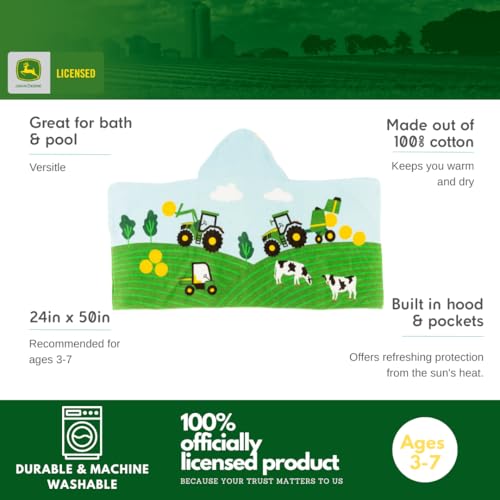 Image of John Deere Tractor Farm Kids Super Soft Bath /Pool /Beach Soft Cotton Terry Hooded Towel Wrap, 24 in x 50 in, (Officially Licensed Product) by Franco