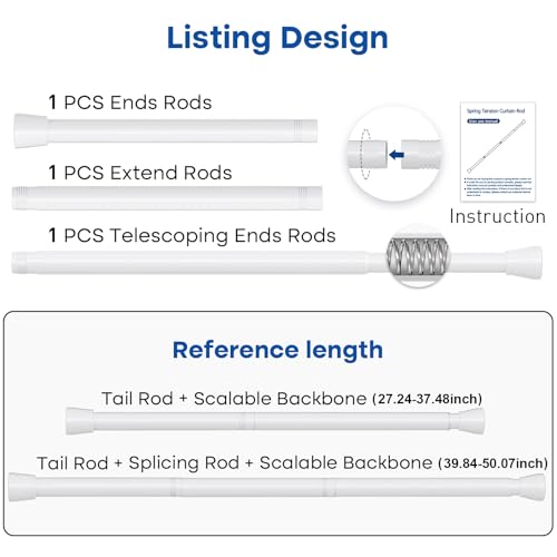 Image of Tension Rod for Windows 28 to 48 Inch 4Pack Spring Curtain Rods No Drilling White Adjustable Curtain Rods Expandable Pressure Spring Tension Rod for Closet, Doorway