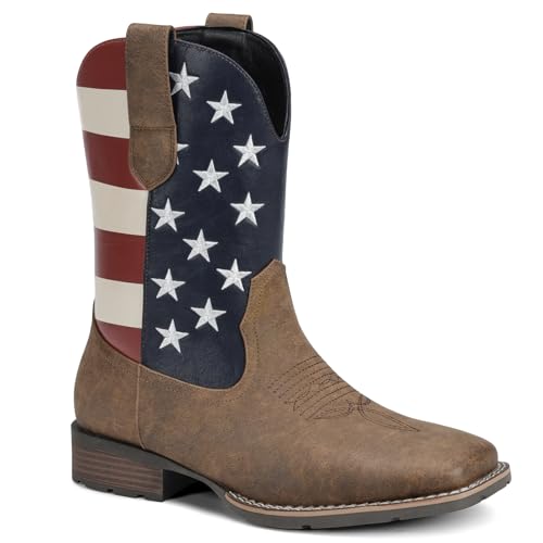 Image of Lumeheel Cowboy Boots for Men - Western Men's Boots with Classic Embroidered, Slip on Square Toe Boots, Slip Resistant Country Boots Chunky Heel Ankle, Durable Short Boots for Spring Fall