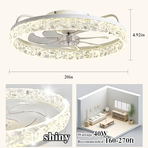 Ceiling Fans with Lights and Remote Fandelier - 20'' Flush Mount Crystal & White Low Profile Modern Ceiling Fans for Bedroom - Stepless Color Temperature and 6 Speeds by DIAMONDFORGE - Used condition - Image 7