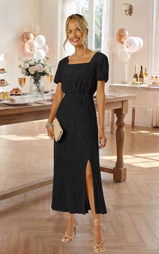 Image of ECOWISH Women Maxi Dresses Cocktail Party Wedding Guest Formal Pleated Long Dress Short Sleeve Slit Empire Waist Evening Gown