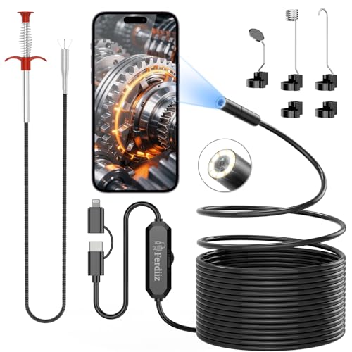 Endoskopkamera mit Licht Ferdiiz, 1920P HD Inspektionskamera, 5M Wasserdichtes IP67 Rohrkamera mit 8 LEDs, 160cm Abflussreiniger Spirale, Rohrreinigungsspirale Abflussspirale für Abwasserkanäle