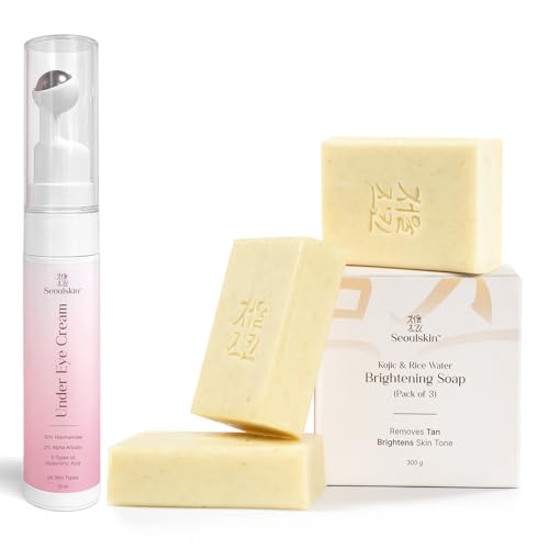 Image of Seoulskin Under Eye Cream + Kojic & Rice Water Soap (Pack of 3) Combo for Dark Circles, Puffiness, Wrinkles, Pigmentation & Tan Removal with Niacinamide, Arbutin for Glowing Skin for Men & Women