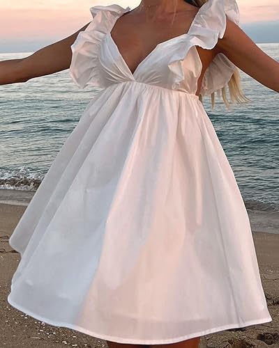 Zebaexf Women's Puff Sleev Dress V Neck Flowy Elegant Cocktail Evening Party Babydoll Mini Dresses White-S - Thumbnail 6