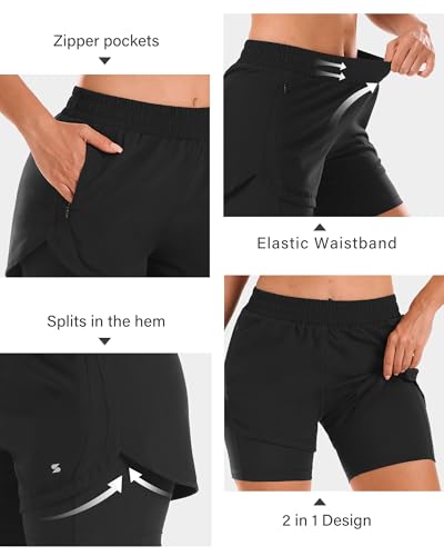 Stelle Women 2 in 1 Running Shorts High Waisted Athletic Shorts Gym Workout Shorts with Liner Zipper Pockets4