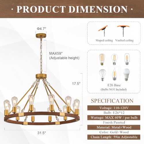 Image of Gold Wooden Wagon Wheel Chandelier 12-Light 31.5 inch Light Fixture