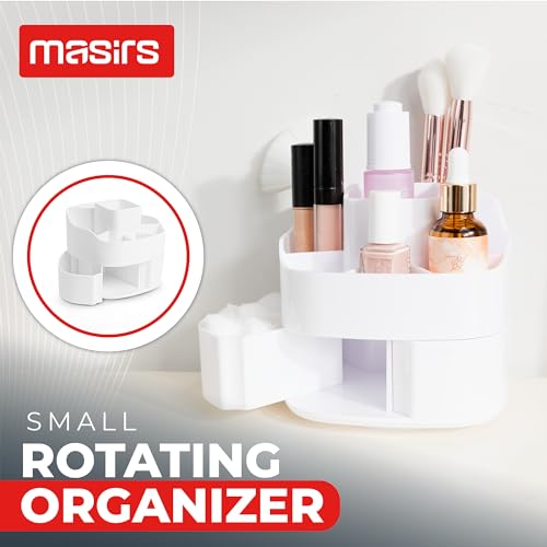 Image of Masirs 360 Rotating Makeup Organizer - Small Acrylic Cosmetic Storage Caddy, 5 Compartments, Mini Lazy Susan for Vanity, Bathroom, Skincare, Brushes & Lipsticks, Square White