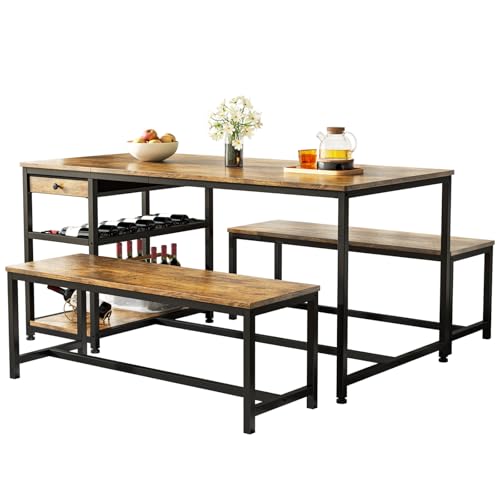 Catálogo para Comprar On-line Comedor Cuadrado 4 Sillas de esta semana. 42 Simple Wisdom Comedor,Comedor 4 Sillas,140CM Mesa Comedor con 2 Bancos,Comedores Cuenta con Cajones de Tela y Botellero,Mesa de Comedor Conjunto de Tres Piezas,Mesa Madera.(Color...