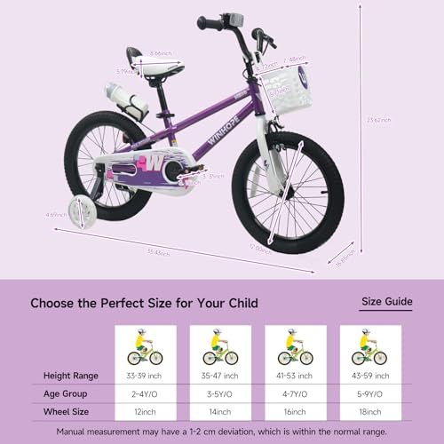 Image of WinHope 12-18 Inch Kids Bike with Light up Training Wheels for Boys Girls | Dual Brake Bicycle with Basket Adjustable Seat Water Bottle for Summer Riding Birthday Gift for Toddler 2-9 Years