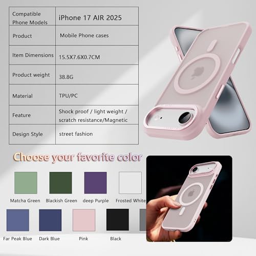 Image of Magnetic for iPhone 17 Air Phone Case, [Compatible with MagSafe], Screen Protectors X1, [Military Grade Drop Protection],Matte Finish,Slim,Shockproof,Protective (Pink, iPhone 17 air)