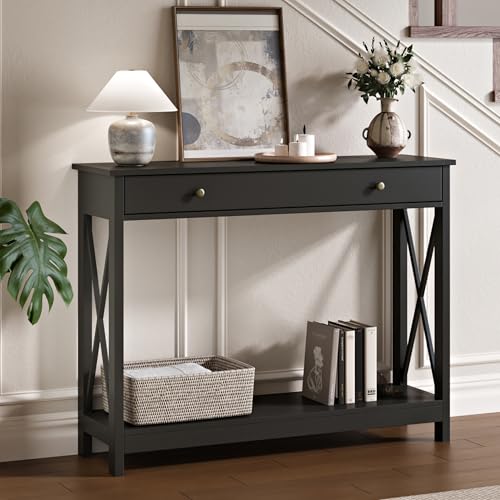 Treocho Black Console Table with Drawer and Storage Shelves, Foyer Sofa Table Narrow for Entryway,...