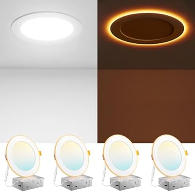 Amico 4 Pack 6 Inch 5CCT LED Recessed Ceiling Light with Night Light, 2700K/3000K/3500K/4000K/5000K Selectable Ultra-Thin Recessed Lighting, 12W=110W, 1100LM, Dimmable Canless Wafer Downlight ETL&FCC