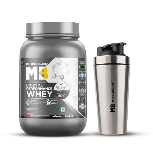 Image of MuscleBlaze Biozyme Performance Whey Protein Powder, 1kg + shaker | Chocolate Hazelnut | 25g Protein Per Scoop | Includes 700ml Stainless Steel Gym Shaker