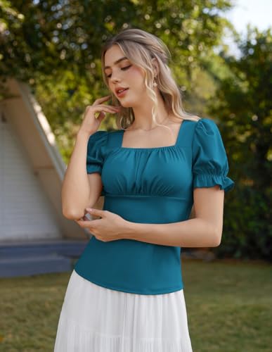 Peasant Tops for Women Vintage Puff Sleeve Square Neck Renaissance Shirt Peacock Blue M — view 3