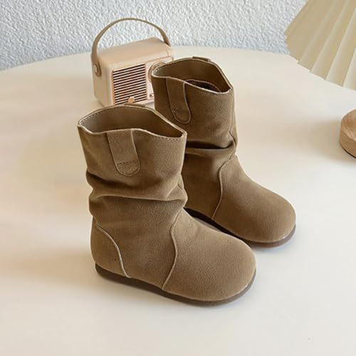 Mid Calf Boots for Girls 𝗦louchy Ruched Suede Round Toe Slip On Flat Booties Fashion Casual Fall Winter Shoes3