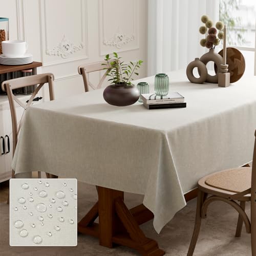 KVALY Nappe Rectangulaire de Table en Lin - 240x140cm, Imperméable et Anti-Tache, pour Repas Intérieur/Extérieur, Jardin, Fêtes et Usage Quotidien...