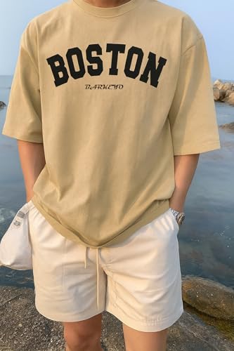 Image of BARKEYO Men's Half Sleeve Round Neck French Terry Graphic Print Oversized Tshirt for Man (Boston-ft) (in, Alpha, L, Regular, Beige)