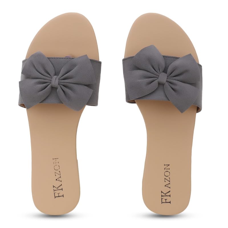 Image of Women's Bow Toe Ring Flats - Stylish & Comfortable Slipers||FK 01 GREY B147 39