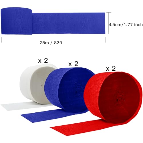 Image of PheiLa Crepe Paper Streamers 6 Rolls 492ft, Crepe Paper 4th of July Decorations Red White Navy Blue Patriotic Party Supplies for DIY Gift Wrapping Birthday Holiday Party Decor, 1.77 Inch x 82 Ft /Roll