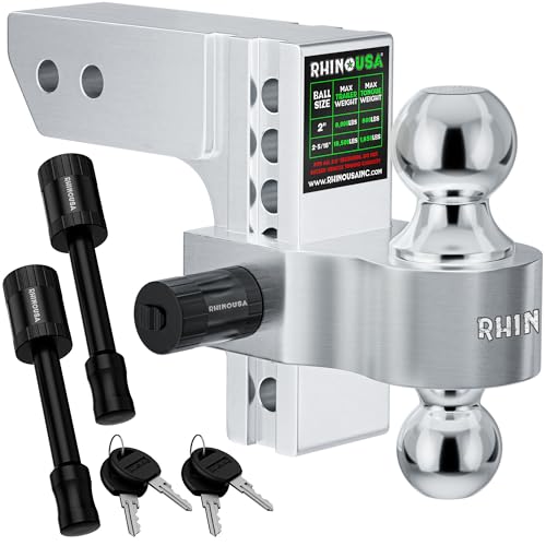 Image of Rhino USA Adjustable Trailer Hitch (2.5-Inch Receiver) - Heavy Duty Aluminum Tow Hitches with 8-Inch Drop /Rise for Truck (18,500 LBS GTW) - Weatherproof Double Anti-Theft Locking Hitch Pins (Silver)