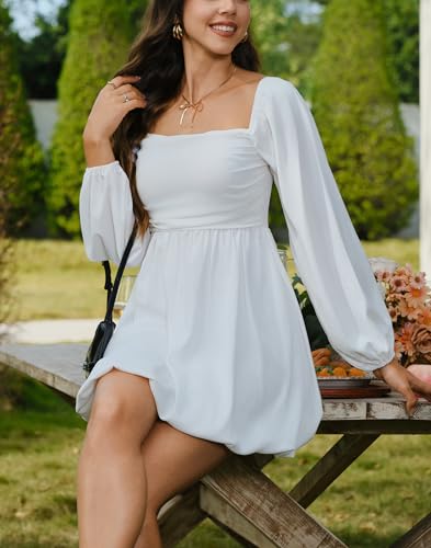 Image of HYPERFIRE Women's Square Neck Long Sleeve Bubble Mini Dress Pleated Smocked A Line Wedding Dresses