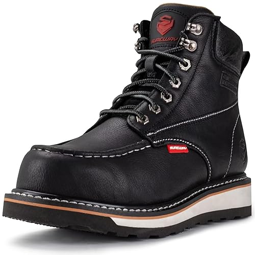 SUREWAY Mens Heavy Duty Soft/Composite/Steel Toe Work Boots for Men-Comfortable,GoodyearWelt,Full Grain Leather,6 in Wedge Moc Toe Construction Boots/Shoes