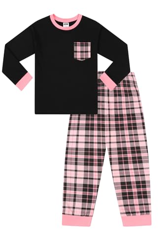 thepyjamafactory Pigiama da Bambina in Cotone con Gamba Lunga Scozzese Nera e Rosa per Bambini (12-13 Anni)