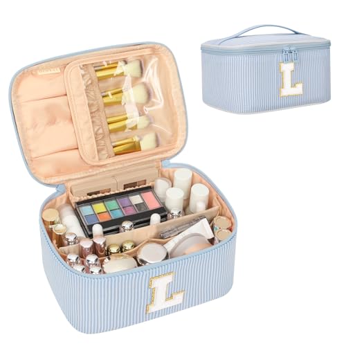 OCHEAL Makeup Bag for Women, Monogram Cosmetic Bag Blue Travel Makeup Case Beauty Toiletry Bag Organizer Personalized Gifts for Girls Bridesmaid, Sister, Wife, Friends Initial L