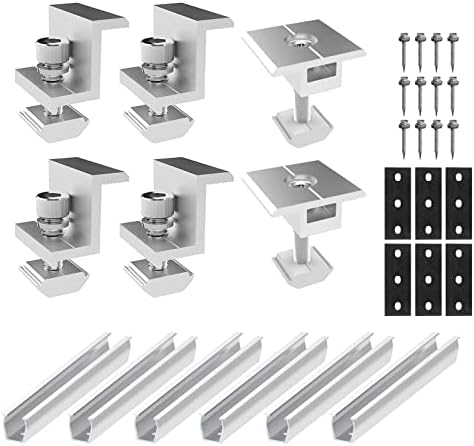 Solar Panel Bracket Aluminium Profile Mounting Rail T-Shaped Centre Clamps Trapezoidal Sheet PV Solar Mounting Rail Connector for Tin Roof, Flat Roof, Sheet Roof (6 x 200mm Rail + 6 x 35mm Clamp)