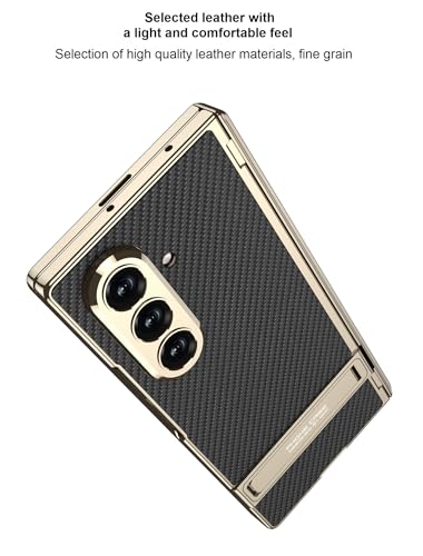 Image of Midkart Magnetic Case Compatible with Samsung Galaxy Z Fold 7 Release 2025 Hinge Protection Leather Cover with Stand Electroplated Camera Protection, Fiber Black & Gold