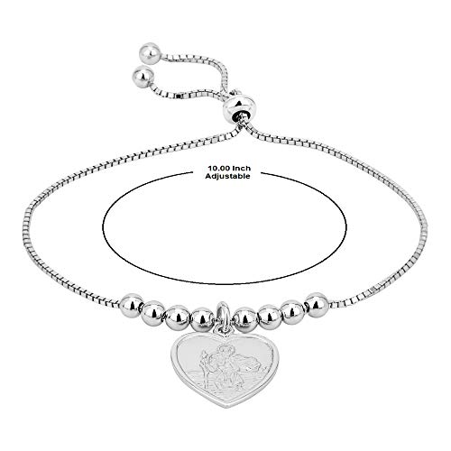 Vanbelle Sterling Silver Jewelry Dangling Heart With Inscripted Saint Christopher Adjustable Bracelets With Beads And Rhodium Plated For Women And Girls #TOP3