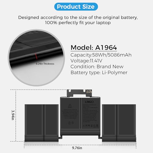 Image of A1989 Battery,A1964 A2251 Battery Replacement for MacBook Pro 13 Inch A1989 (Mid 2018, 2019) A2251 (2020) (Upgraded High Performance 11.41V 58Wh 5086mAh)