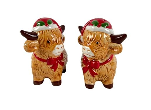 New Cow Salt and Pepper Shakers, Combines Functional Use with Decorative Appeal, Hand Painted Cow Design, Adds A Rustic Touch to The Dining Table, Hand Wash Only. - Brown and Red