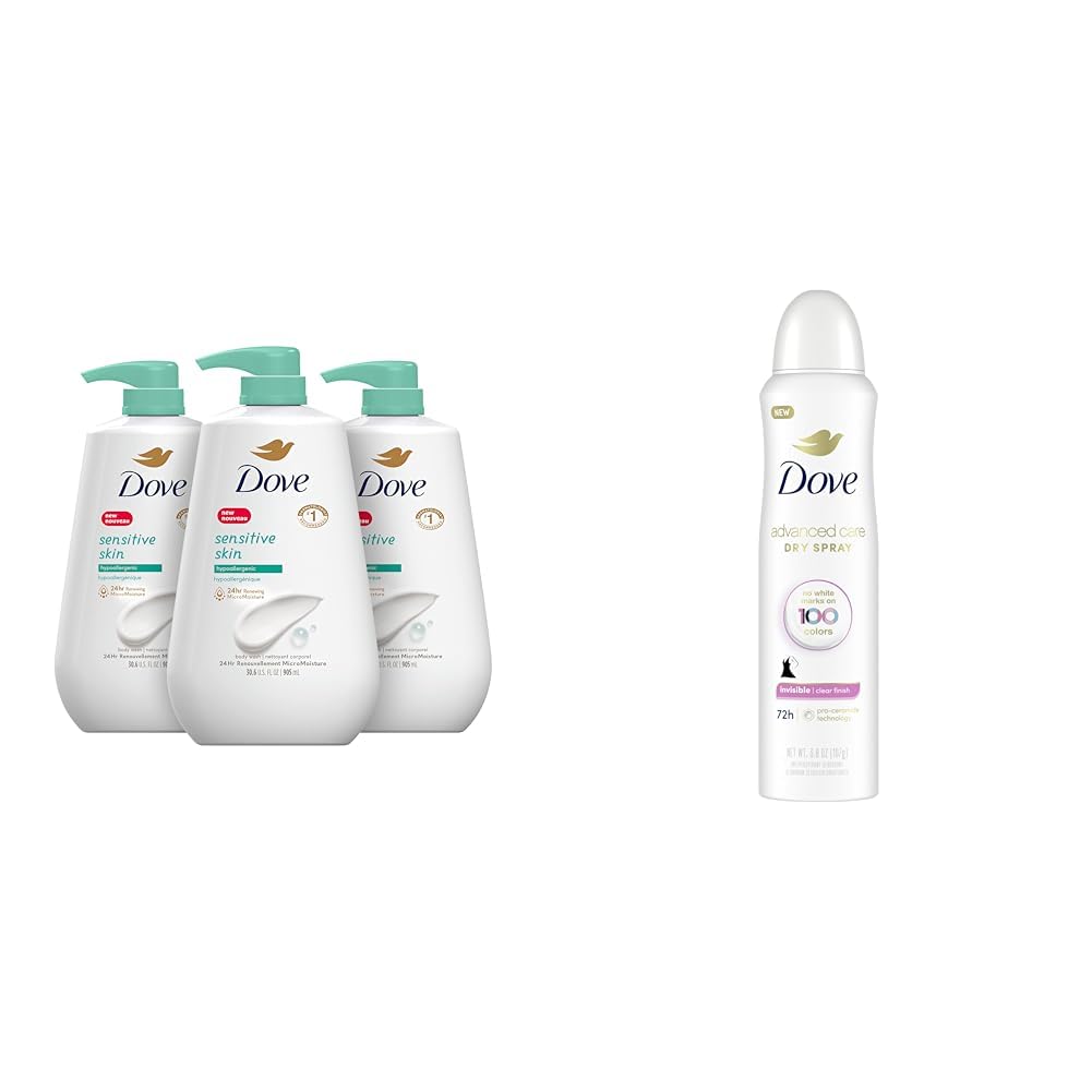 Dove Sensitive Skin Body Wash 30.6 fl oz (Pack of 3) and Advanced Care Antiperspirant Deodorant Spray with Pro-Ceramide Technology