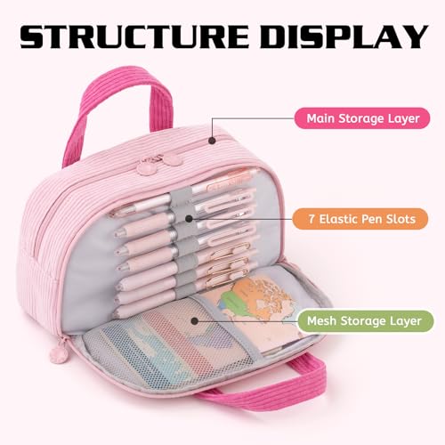Image of EASTHILL Corduroy Hand-held Pencil Case Large Cute Pencil Pouch Stationery Pen Bag for Teen Girls-Pink