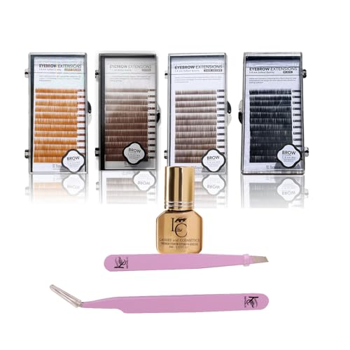 KC Republic Eyebrow Extensions Premium Kit with 4 Trays of Mink Eyebrows in Light Brown, Brown, Dark Brown, Black, Comes on Mixed Length Trays 5-8 Mm Mix, Eyebrow Premium Glue & Extension Tweezers