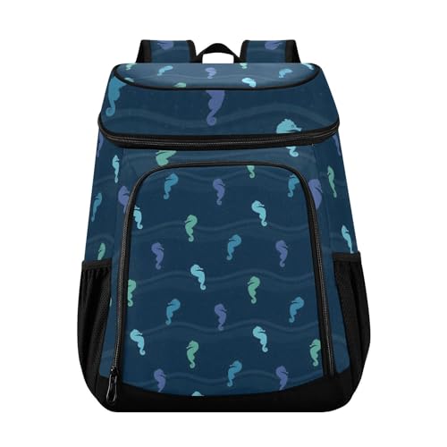 Seahorse Blue Ocean Nautical Coastal Cooler Backpack Cooler Insulated Leak Proof Lunch Backpack 36 Cans Waterproof Soft for Men Women Picnic Hiking Camping Beach