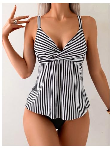 Verdusa Women's 2 Piece Striped Tankini Swimsuits Twist V Neck Camisole Tops with Bottom Bathing Suits3