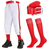 Cozypower 3 Pcs Baseball Pants Combo Set Men Youth Boy and Girls Softball Pants with Socks and Belts(Red, White,6-7 Years,Kid)