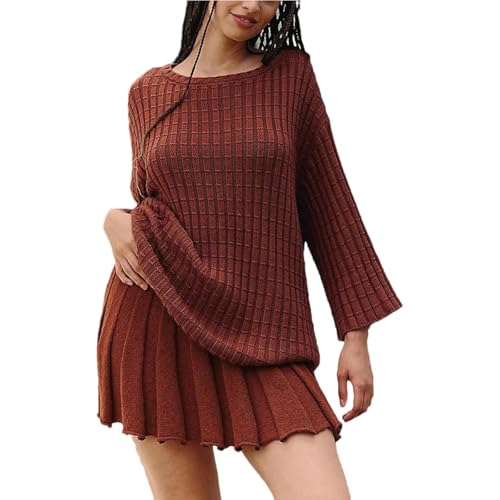 Image of Sweater Set Two Piece Skirt Sets for Women Long Sleeve Two Piece Outfits Loose Knit Pullover Mini Skirt